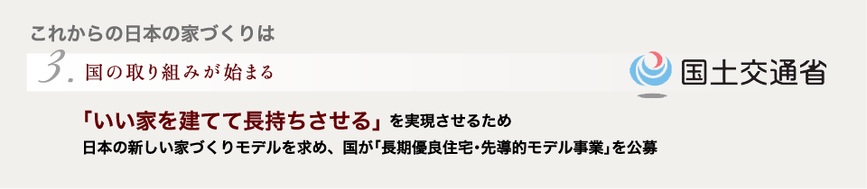 【3.国の取り組みが始まる】「いい家を建てて長持ちさせる」を実現させるため日本の新しい家づくりモデルを求め、国が｢長期優良住宅･先導的モデル事業｣を公募