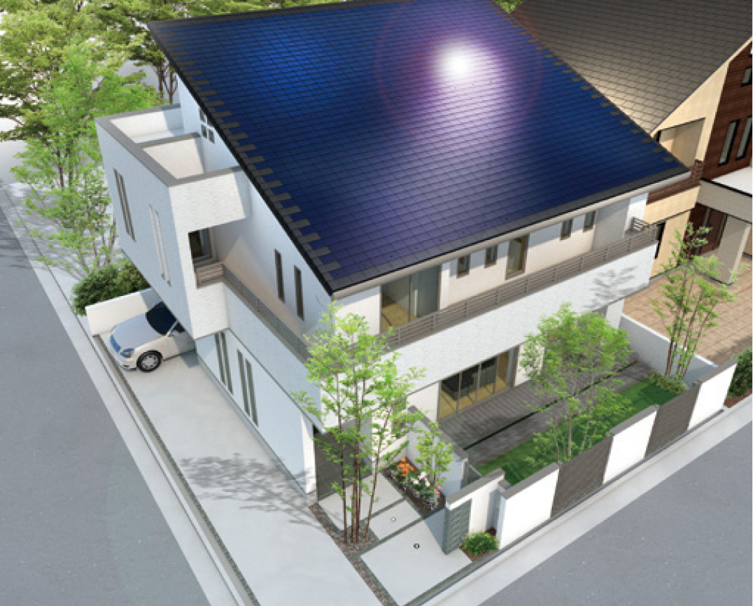 太陽光発電パネルを搭載したゼロカーボンシティ入間の省エネ・高断熱住宅外観パース