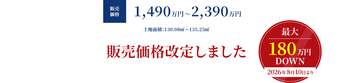 販売価格1,490万円～2,390万円 土地面積130.08㎡～135.25㎡ 販売価格改定しました 最大180万円DOWN 2026年8月10日より
