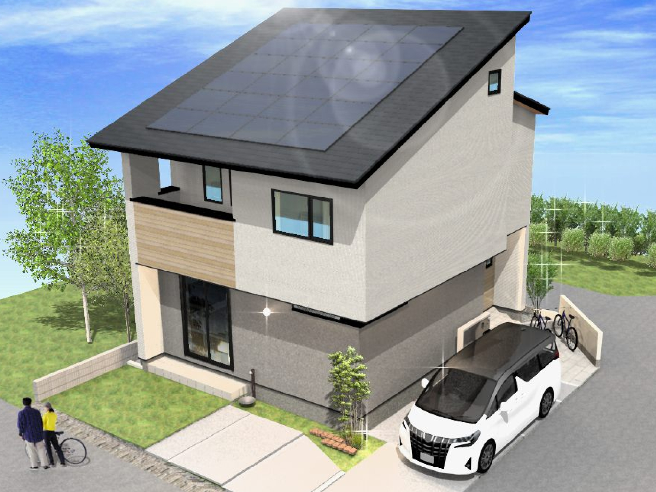 1区画3LDKの新築戸建て外観パース、駐車場付きモダンデザイン住宅