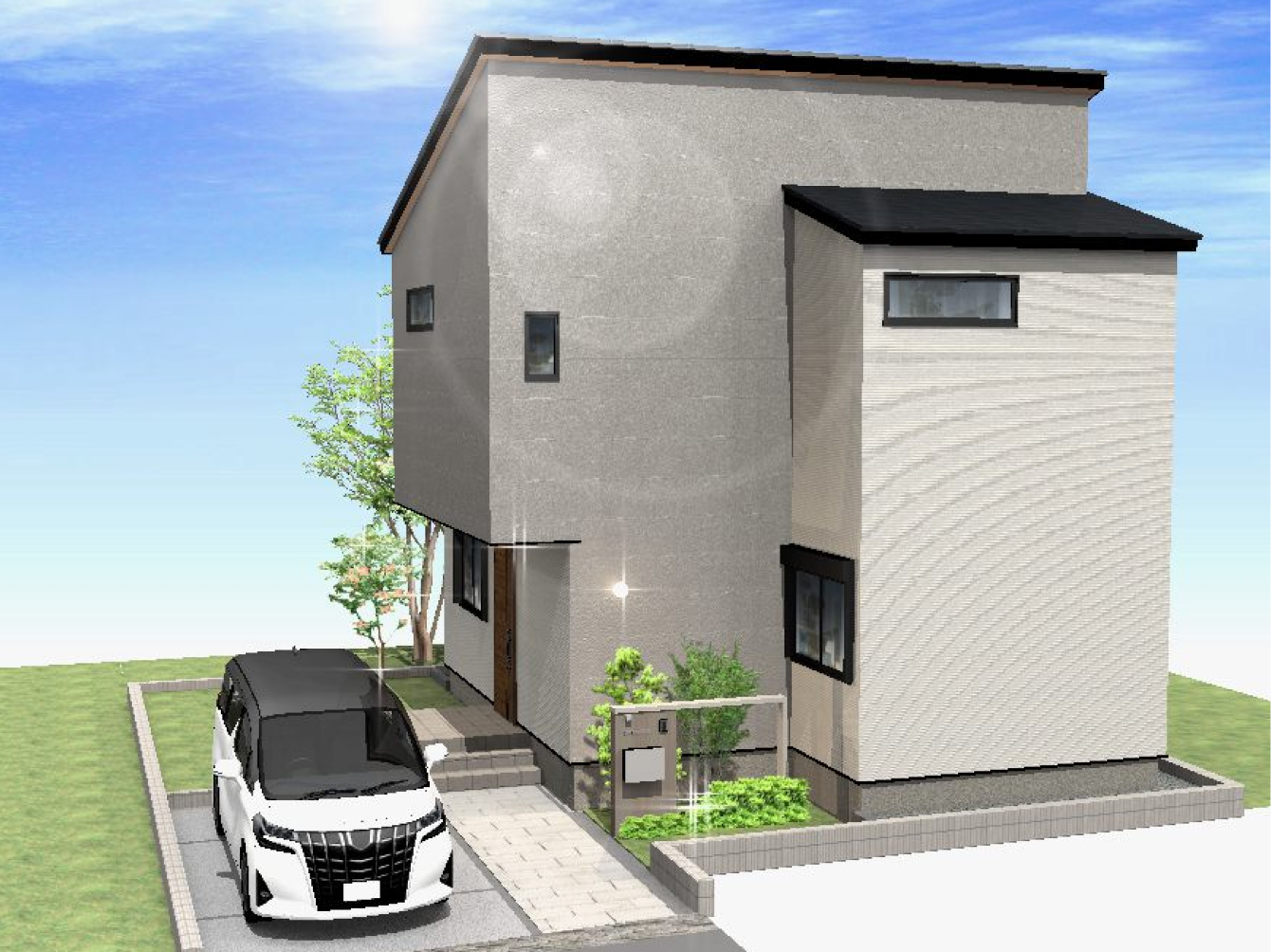 8区画3LDKの新築戸建て外観パース、シンプルでスタイリッシュな住宅デザイン