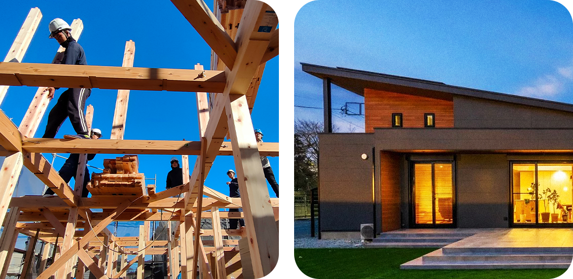 木造住宅の建築現場と完成した注文住宅